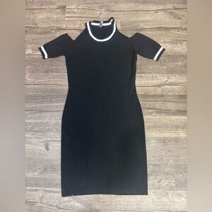 Poof Couture Elegant Black Midi Dress with White Trim